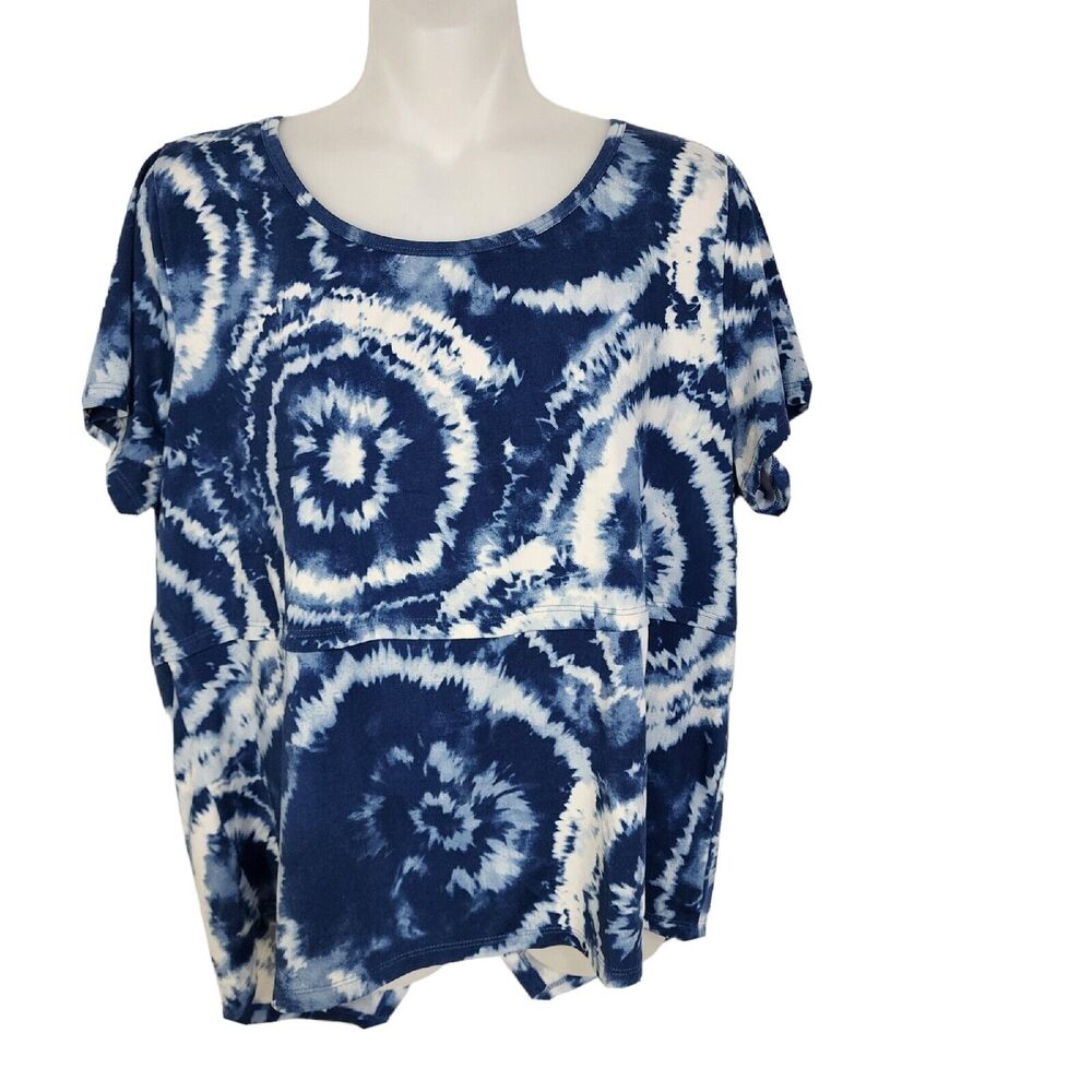 Robert Louis Women Top Large Blue Tie Dye Split Back Short Sleeve Stretch Jersey
